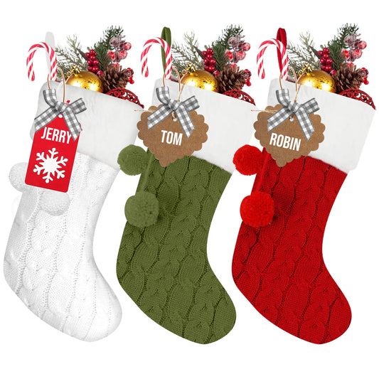 RFAQK Personalized Christmas Stockings -Set of 3 with 50 Pcs Name Tags, Large Xmas Stockings for Christmas Decorations - Fireplace Hangings for Family Holiday, Farmhouse and Home Décor