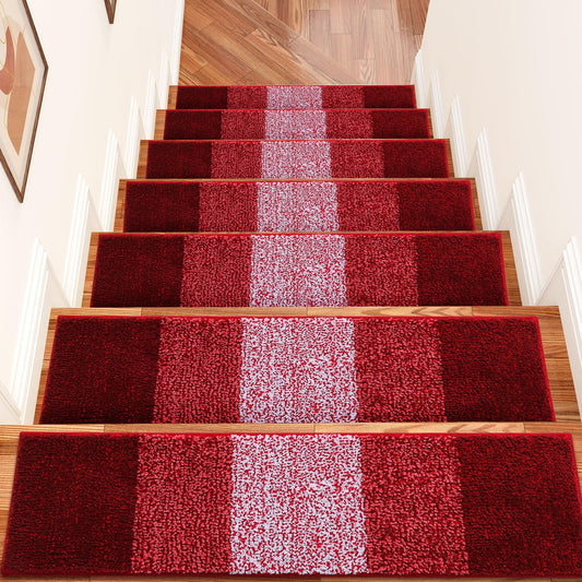 OLANLY Stair Treads Non Slip 15PCS, 8" x 30" Indoor Stair Runners for Wooden Steps, Edging Stair Rugs with Reusable Peel and Stick Adhesive for Kids Elders and Pets, Burgundy