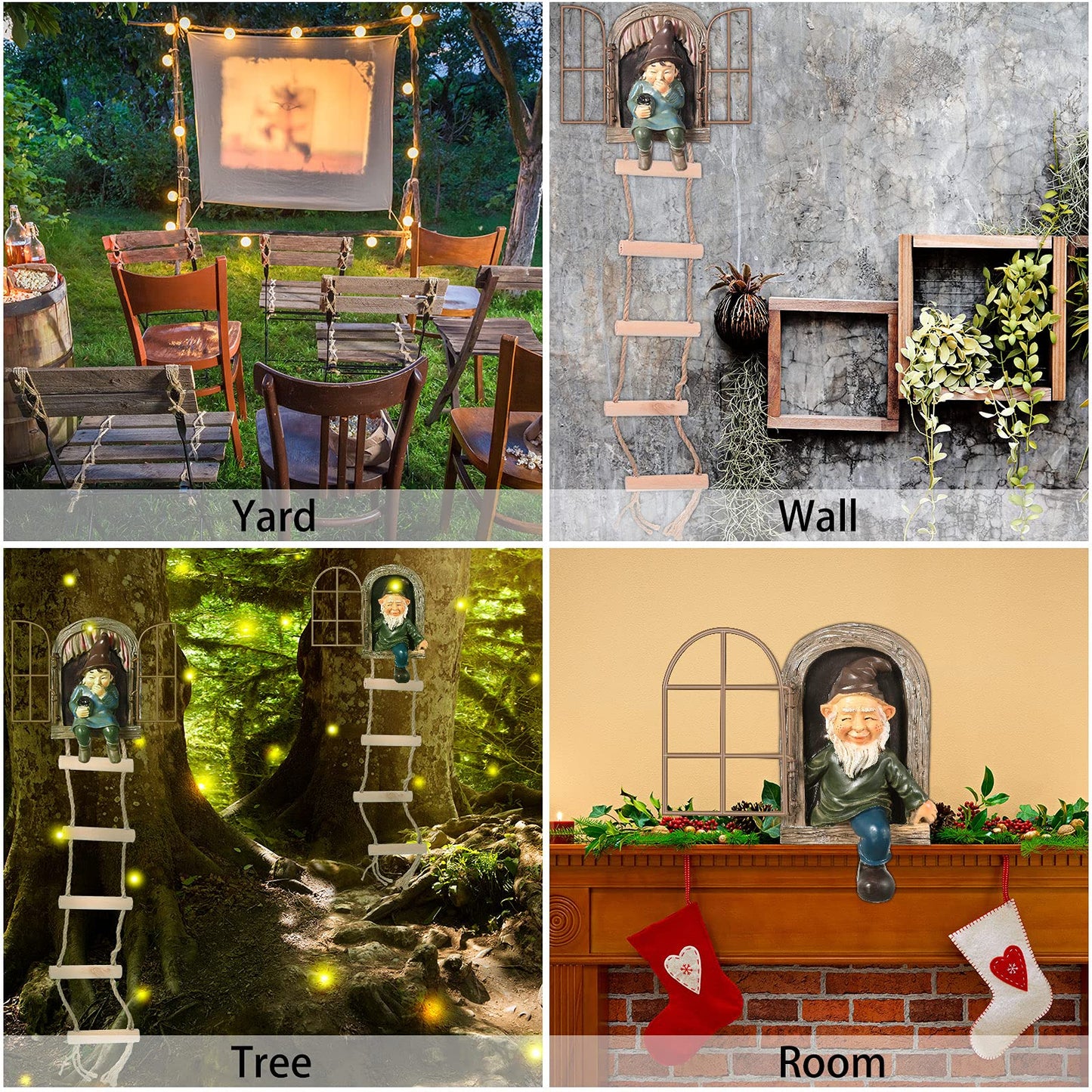 Thyle 4 Pieces Garden Gnomes Outdoor Tree Hugger Gnome Fairy Statue Elf Out the Door Resin Figurine Hanging Ladder Decoration Tree Faces Decor Outdoor for Patio Yard Lawn(Rustic Style)