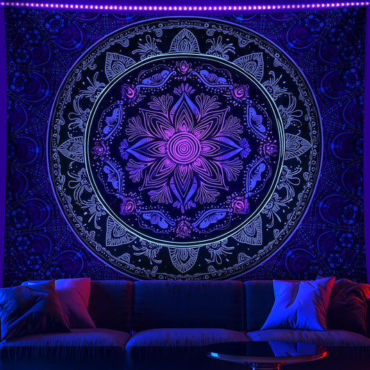 NYZE Blacklight Mandala Tapestry Wall Hanging Bohemian Wall Decor Psychedelic Peacock Indian Hippie Wall Art Boho College Dorm Beach Throws Table Cloth Bedding Tapestry 79×59in