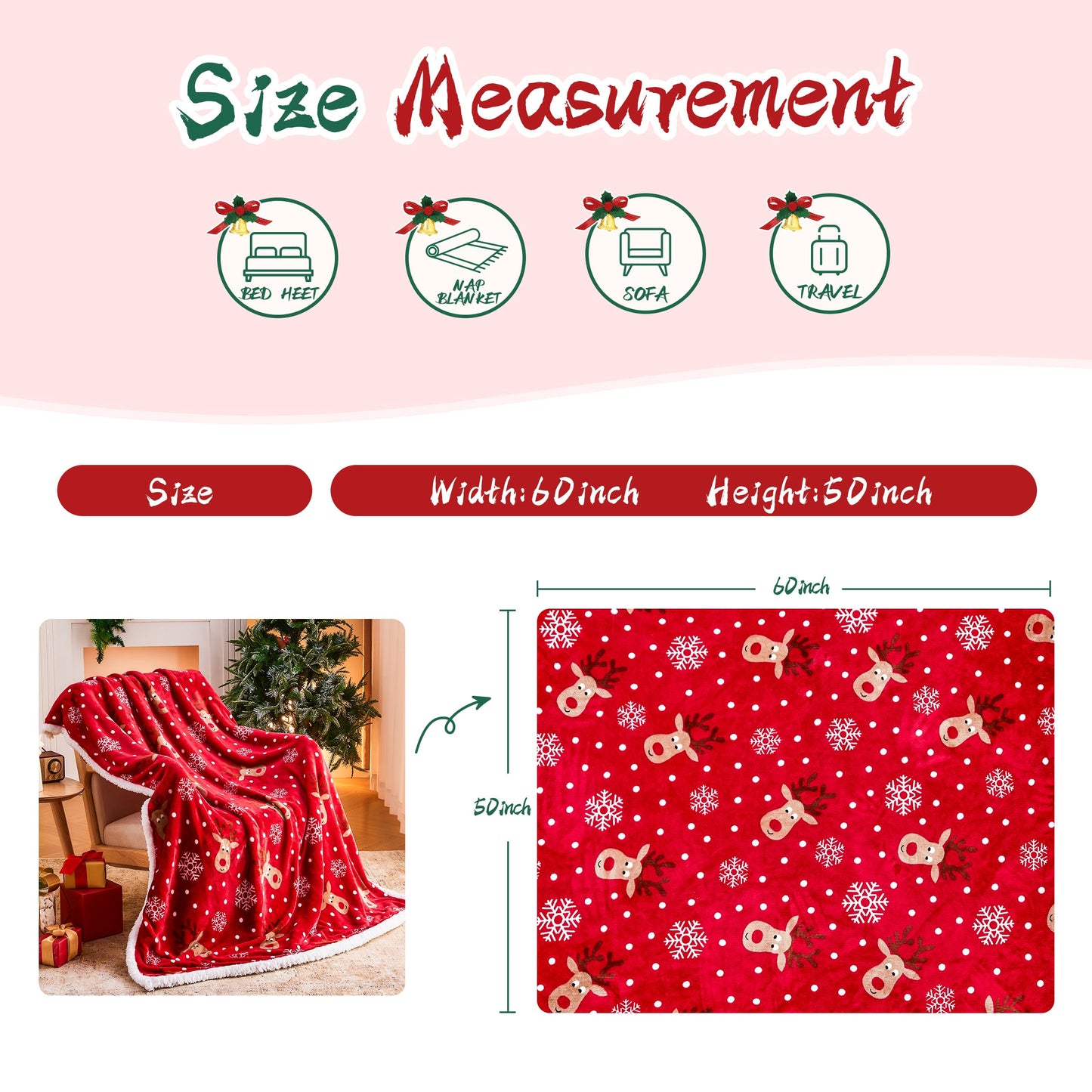 Ramees Christmas Throw Blanket, Christmas Decorations Blankets and Throws, Fuzzy Cozy Soft Warm Fleece Sherpa Winter Holiday Blanket for Bed Couch Sofa Reindeer Snowflakes