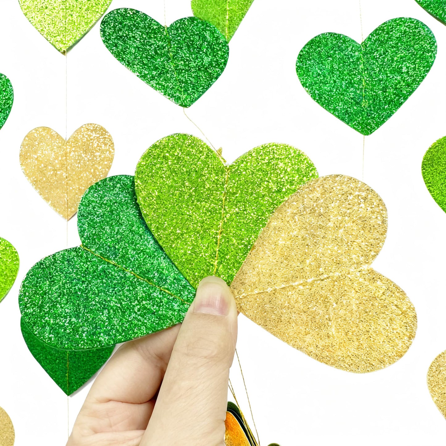 Gold and Green Heart Party Decorations Glitter Paper Love Heart Hanging Banner Streamer Garland for Birthday Wedding Valentines Day Spring Master Golf St Patrick's Day Christmas Holiday Party Supplies