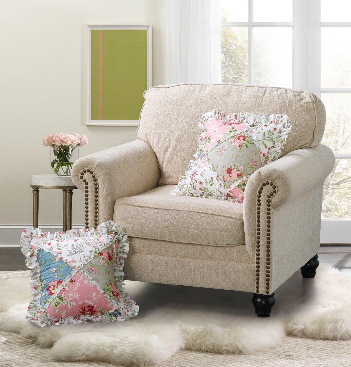 Brilliant Sunshine Peach and Olive Flowers Patchwork Ruffle Pillowshams, Quilted Decorative Pillow Covers Set, Square Throw Cushion Cases for Couch, Chair, Car, Bed, 18x18, Pack of 2, Peach Olive
