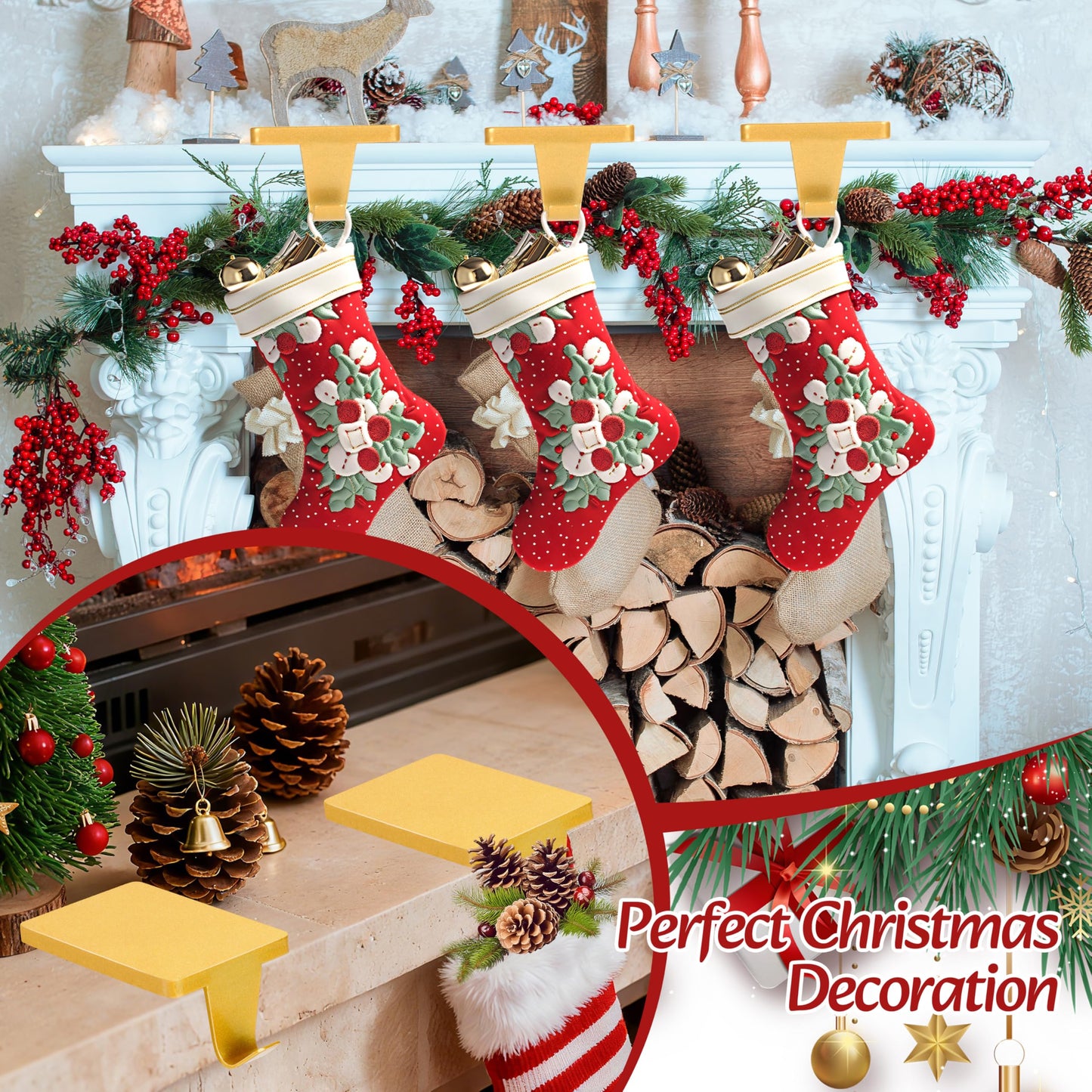 Palonu 2Pcs Gold Christmas Stocking Holders, Heavy Duty Mantle Hangers Cast Iron Hanging Hooks with Non-Slip Pad,Christmas Ornaments Xmas Holiday Decoration Shelf Window Fireplace Mantel Decor