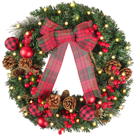 CEWOR 24in Christmas Wreaths for Front Door Decorations Pre Lit Artificial Christmas Décor Wreath with Lights Bow Indoor Outdoor Holiday Party Decorations for Windows Yard Wall Mantel Door