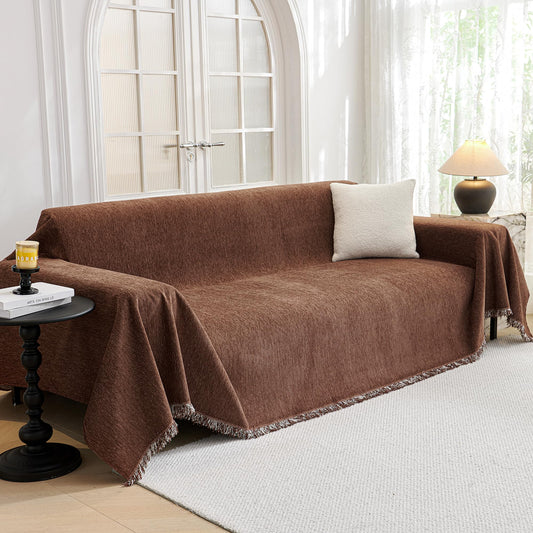 MYSKY HOME Sofa Covers for 2 Cushion Dogs - Boho Textured Soft Washable Decorative Couch Covers with Tassels, 71"x118", Chocolate