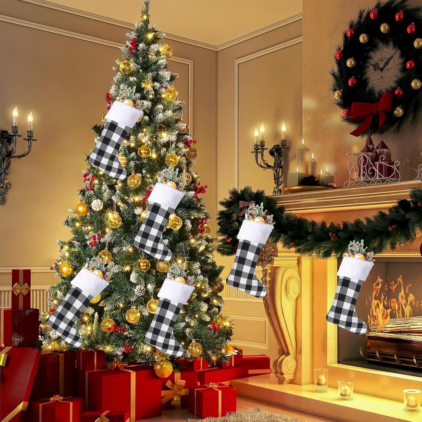 Christmas Stockings 4 Pack,Buffalo Plaid Christmas Stockings,20 Inch Classic Large White Black Plaid Christmas Stockings Decorations,Xmas Stockings Set of 4 Fireplace Family Holiday Party Decor