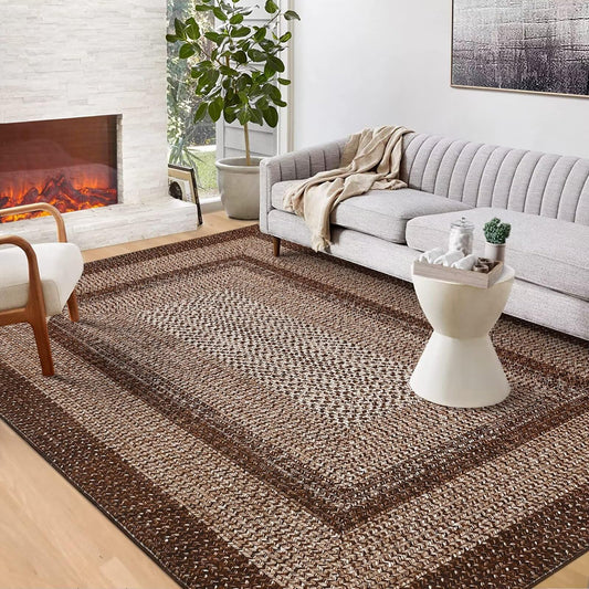 GAOMON Boho Braided Print Accent Rug, 6' x 9' (Rectangular), Brown, Machine Made, Non-Slip, Low Pile, Polyester, Area Rug