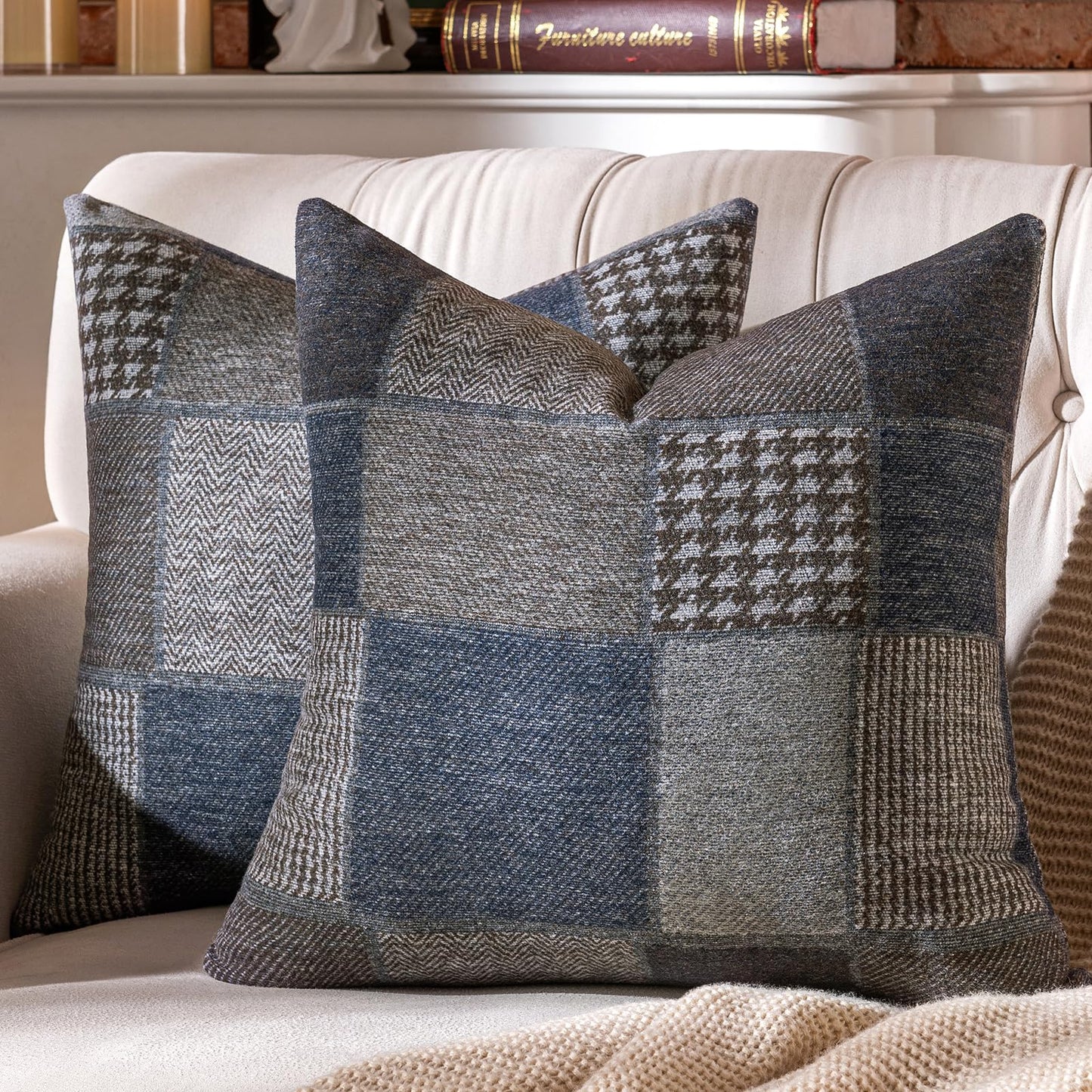 AmHoo Set of 2 Throw Pillow Covers Woolen Patchwork Checkered Farmhouse Decorative Square Pillows Cover Pillowcase for Sofa Couch Bed 18 x 18-Inch Coffee