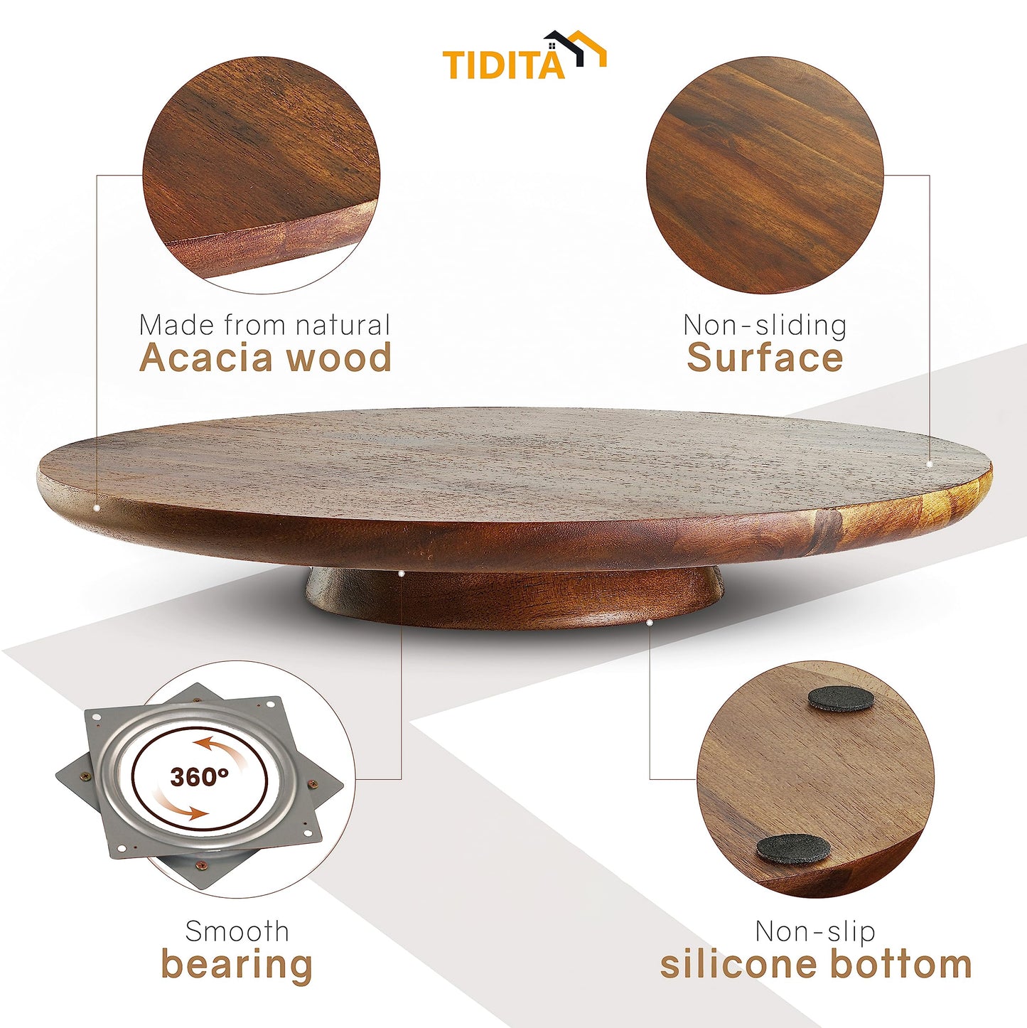 TIDITA 13" Acacia Cake Stand Rotating – Rustic Wood Turntable Pedestal Stands – Wooden Spinning Tables for Food Serving - Round Cake Decorating for Cupcake Dessert Display in Party, Wedding, Birthday