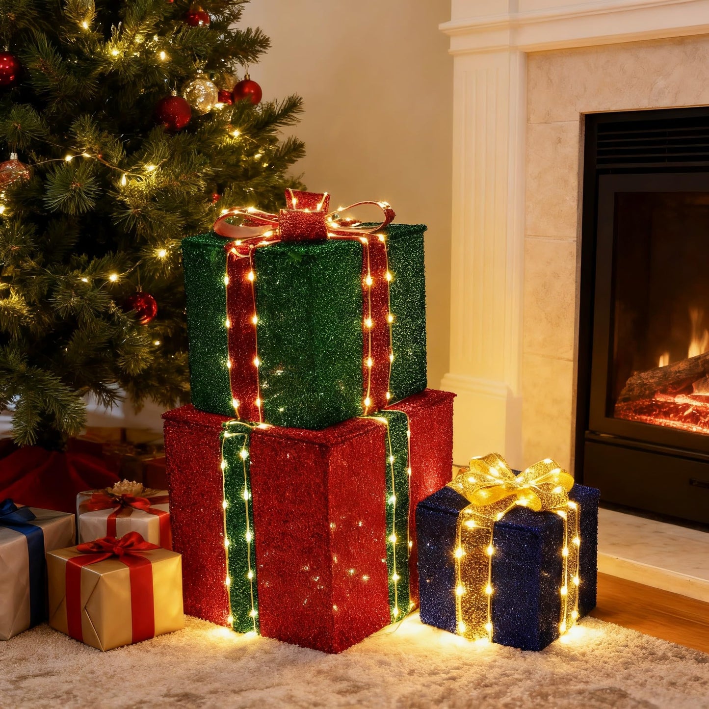 Lomotech Set of 3 Christmas Lighted Gift Boxes - Prel-Lit Gift Boxes with Timer, Lighted Christmas Presents for Xmas Tree, Yard, Holiday, Indoor Christmas Decorations（Small)