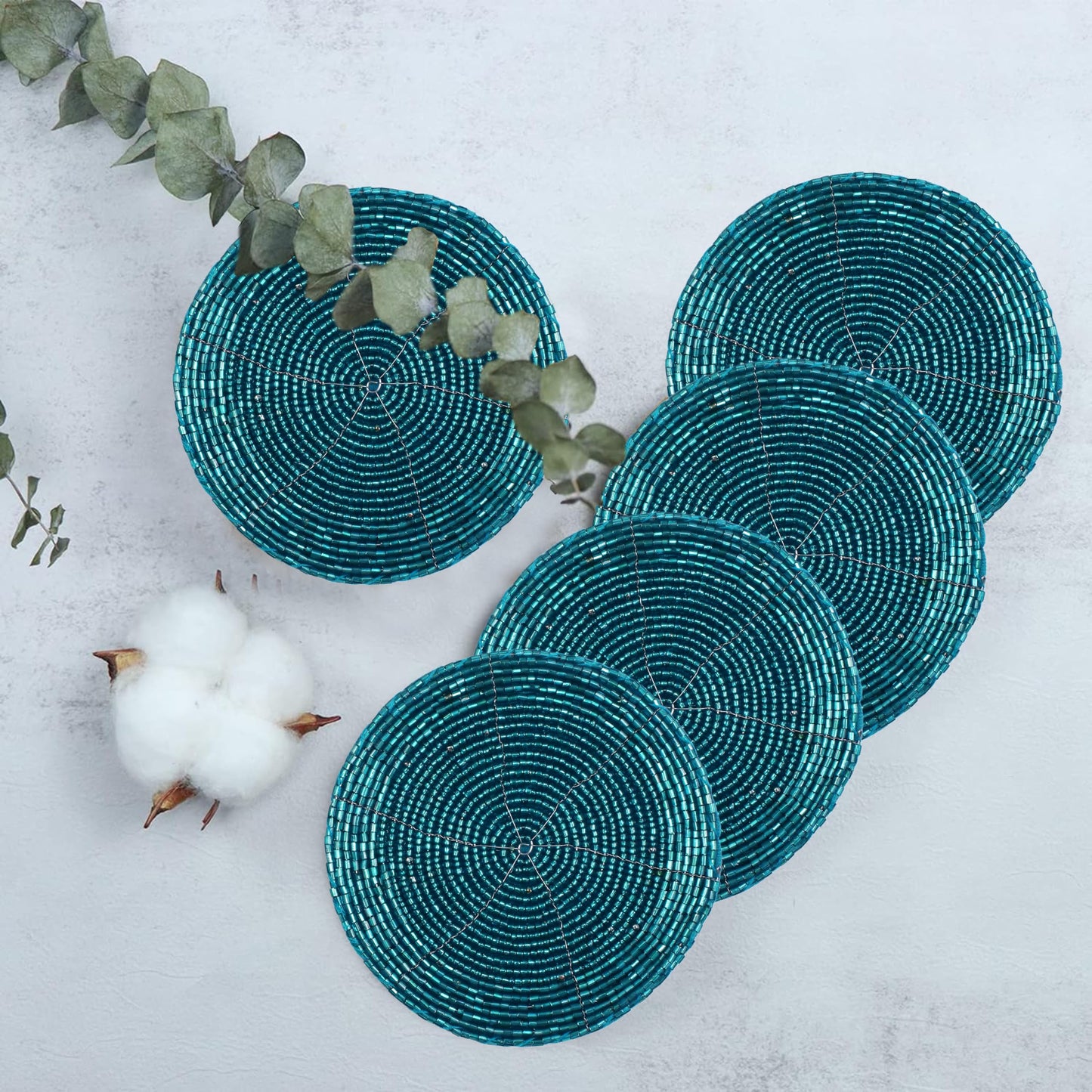 Handmade Beaded Coasters Set of 6, Teal Blue Circular Pattern Decorative Drink Coasters for Coffee Table, Dining Room Table, Wedding Party, Birthday Gift - 4 Inch - Teal