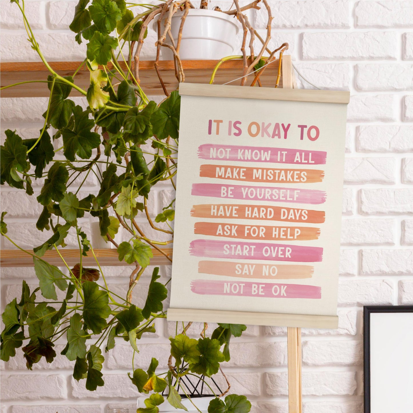 HRQKO It is Okay Pink Boho Poster Hanger Frame, Pink wall decor, Inspirational Posters Wall Art with Wooden Frames, Mental Health Wall Hanging Banner for Therapy Office Girls Room Nursery, 12x16 Inch