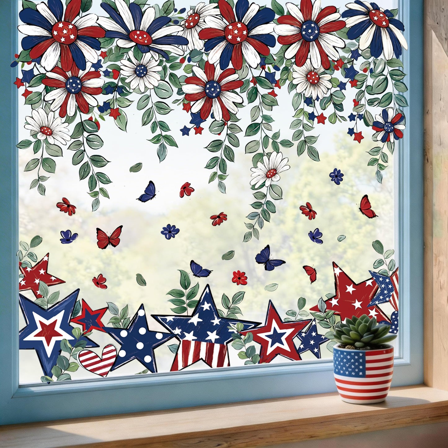 JOICEE 8 Sheets Patriotic Window Clings,4th of July Window Stickers Red White Blue Star Flower Butterfly Hanging Vine Floral Window Decals for Independence Day Home School Office Holiday Decoration