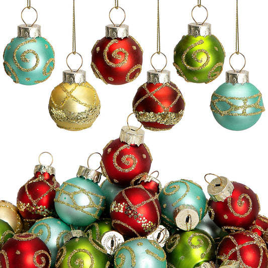 Watayo 24 Pcs Christmas Mini Multi Color Balls Glass Ornaments, 1" Mini Vintage Glittering Ball Hanging Ornaments for Tree, Red Green Gold Blue Glass Small Ball Tree Decoration for Xmas Home Decor