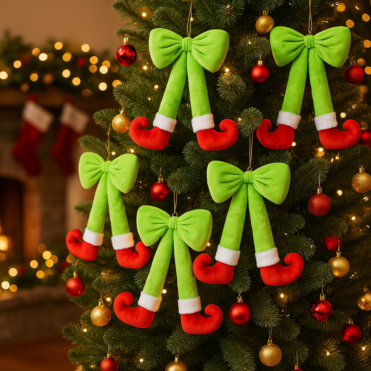Plush Elf Legs Christmas Wreath Decoration with Large Red Bow - 15.7" Hanging Holiday Decor for Front Door, Wall & Tree (1, Green)