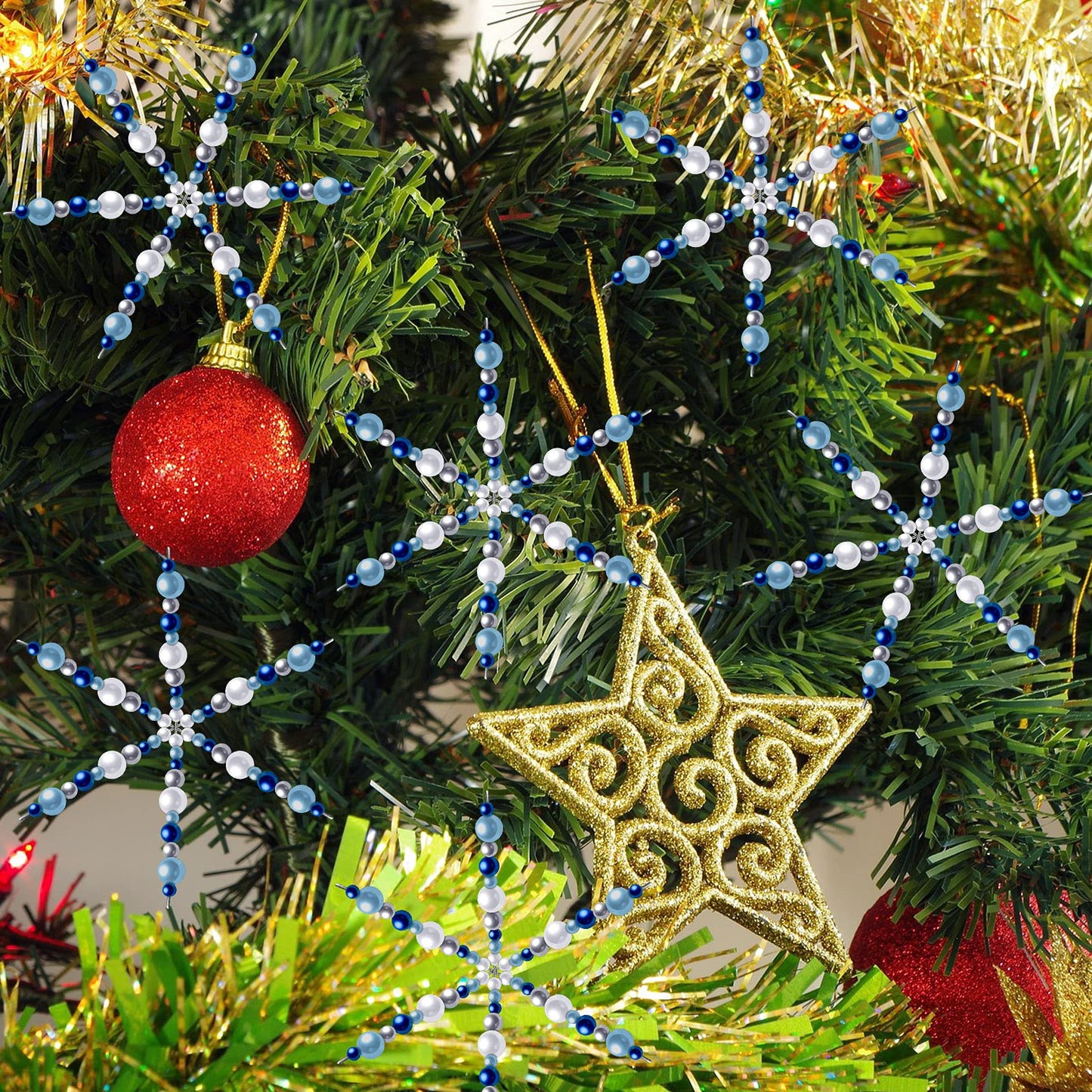 Hotop 24 Pcs Christmas Snowflakes Wire Forms Metal Snowflake Christmas Beads Wire for DIY Jewelry Ribbon Charms with 3 Sizes Mixed Pearl Beads Xmas Ornament Kits(Blue, Silver, White)