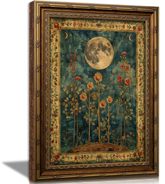 Vintage Gold Framed Celestial Moon Wall Art,Tarot Crescent Moon Painting Canvas Print,Gothic Moody Wildflowers Wall Decor,Dark Academia Vibe Poster Artwork,for Living Room Bedroom Bathroom