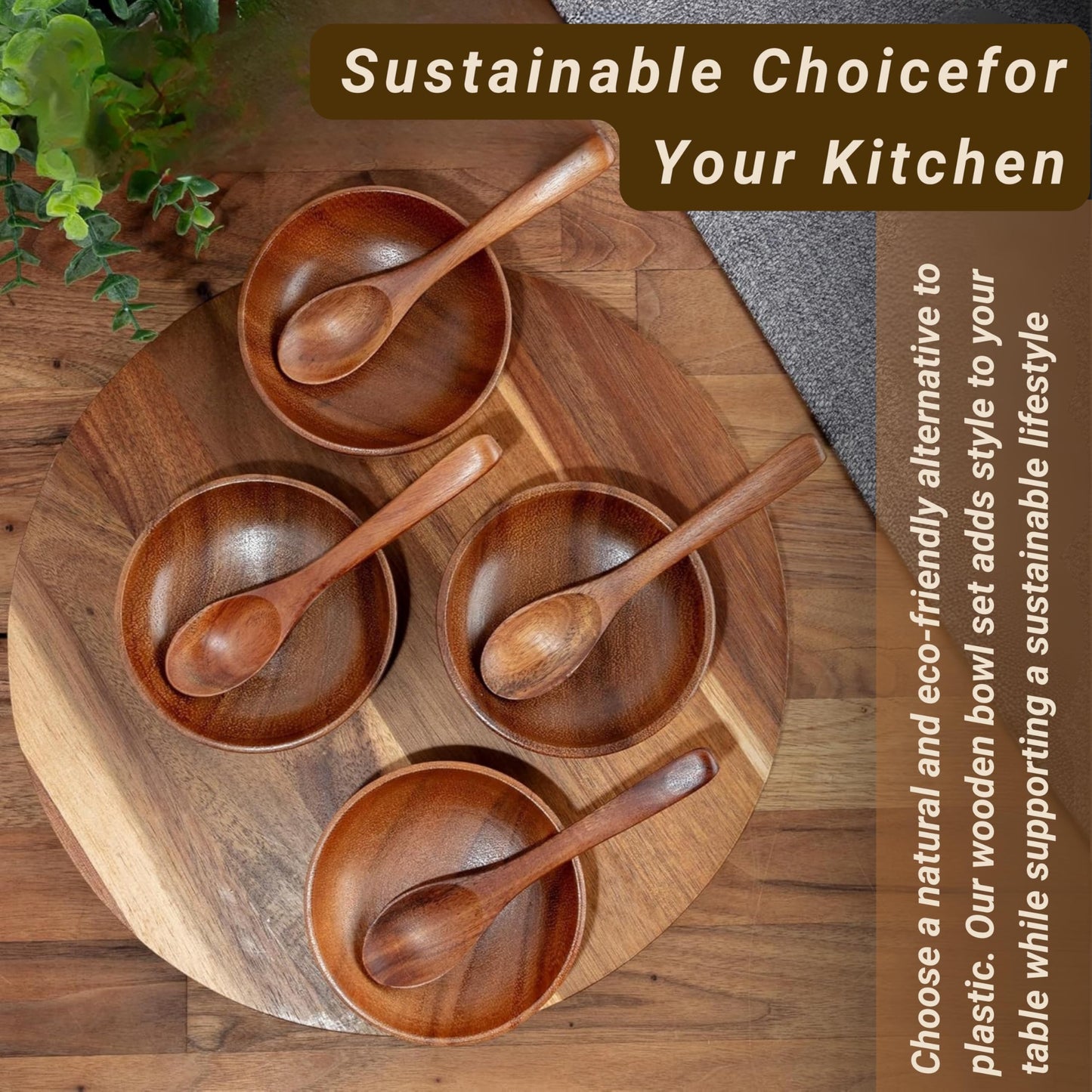 Komokey Wooden Bowl and Spoon Set of 4 - Japanese Style Natural Wood Soup Rice Salad Bowls with Spoons, Eco-Friendly Handcrafted Tableware, Housewarming Kitchen Gift