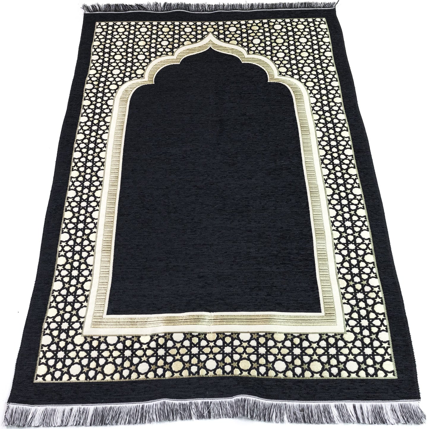 Modefa Turkish Islamic Prayer Mat - Thin Woven Chenille Sajjadah - Intricate Praying Rug Ramadan Eid Gift - Traditional Muslim Janamaz Sajada for Men Women - Geometric Selcuk Star (Black)