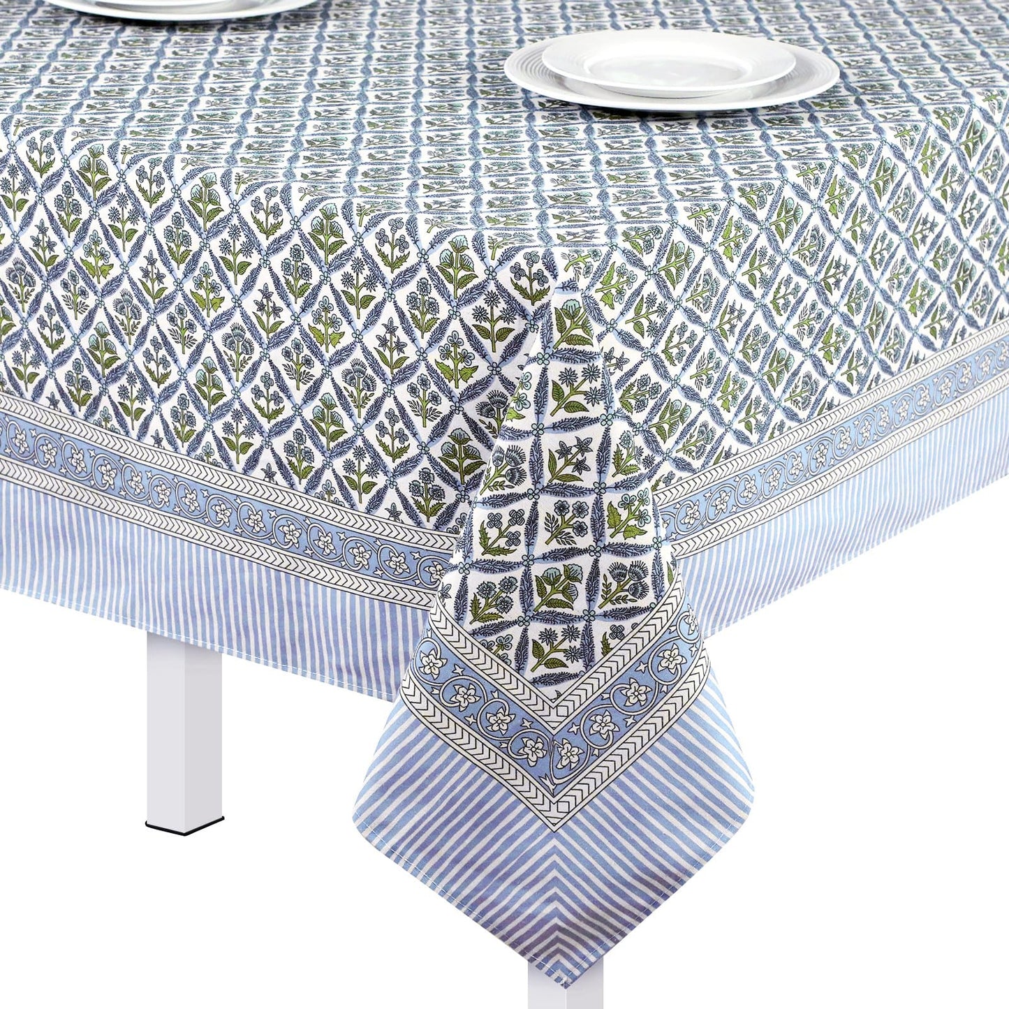 Newtay 60'' x 90'' Cotton Tablecloth Handmade Cotton Floral Tablecloth Washable Print Rectangle Table Cover with Dust Proof Wrinkle Resistant for Kitchen Dining Party Buffe(Light Steel, Blue)