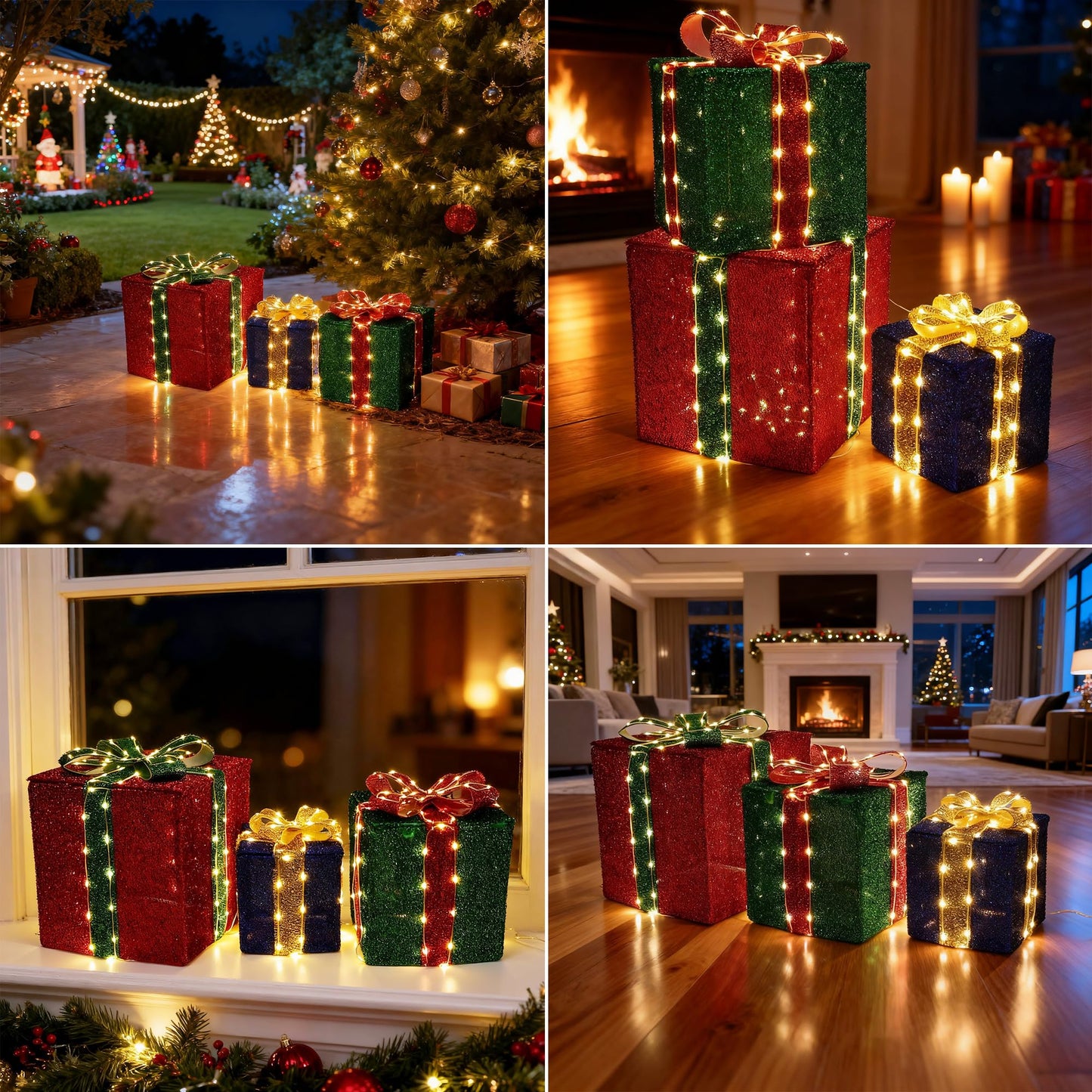 Lomotech Set of 3 Christmas Lighted Gift Boxes - Prel-Lit Gift Boxes with Timer, Lighted Christmas Presents for Xmas Tree, Yard, Holiday, Indoor Christmas Decorations（Small)