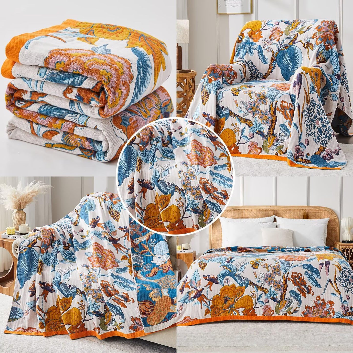 HBNDIL Boho Blanket Soft Muslin BohoThrow Blanket, 100% Cotton Floral Printed Farmhouse Decor All Season Reversible Rustic Throw for Sofa Couch Chair (Beige, 50"x60")