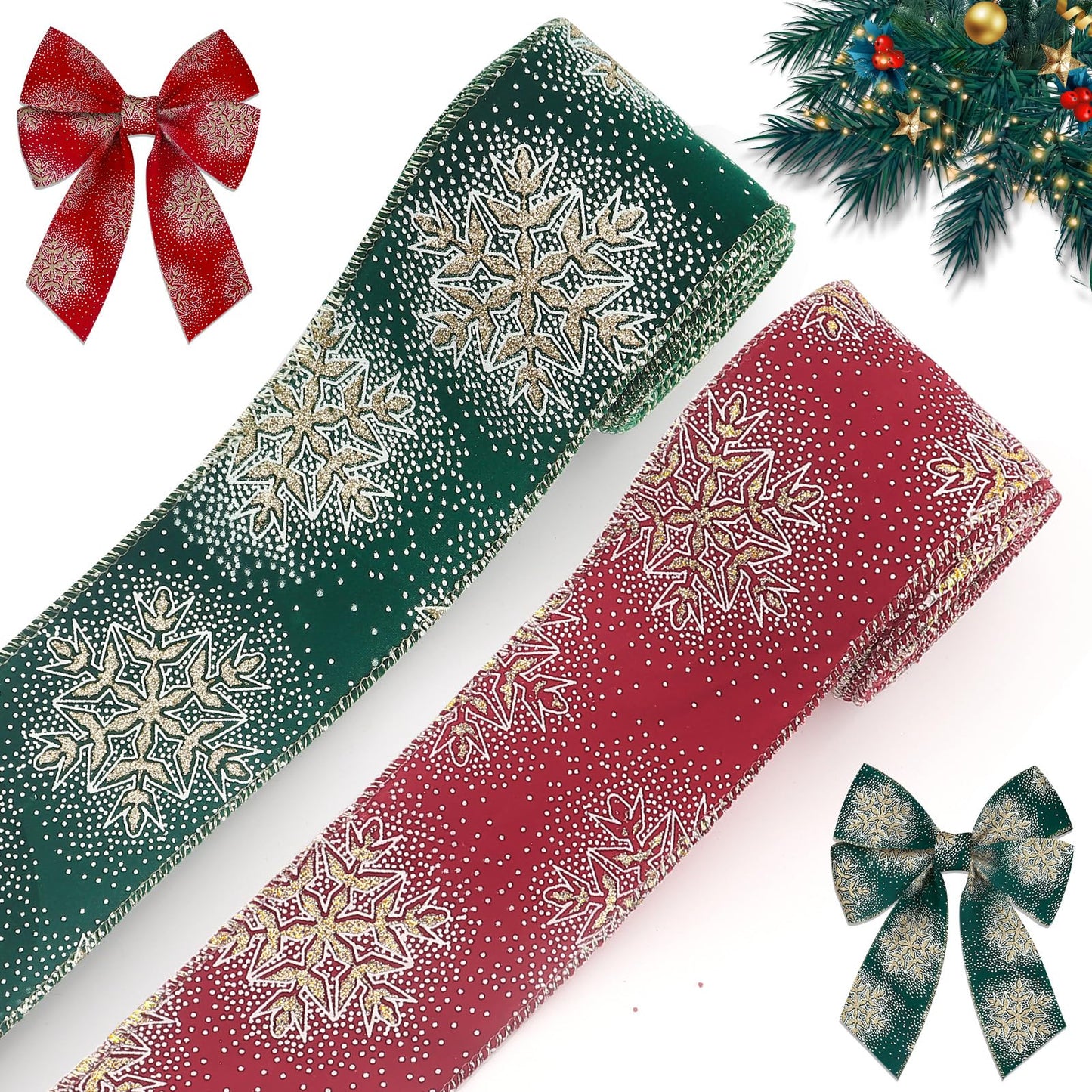 Threetols 2 Rolls 10 Yards Christmas Wired Edge Ribbons, 2.5inch Gold Glitter Snowflake Burlap Ribbons, Green Red Velvet Ribbon for Xmas Christmas DIY Craft Winter Wreath Bow New Year Party Decor