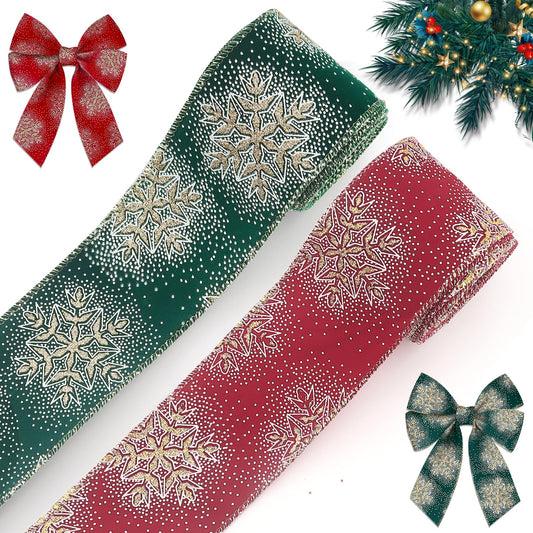 Threetols 2 Rolls 10 Yards Christmas Wired Edge Ribbons, 2.5inch Gold Glitter Snowflake Burlap Ribbons, Green Red Velvet Ribbon for Xmas Christmas DIY Craft Winter Wreath Bow New Year Party Decor