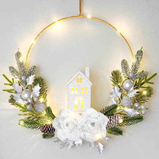 MEIVINES Prelit Christmas Wreath for Front Door 16Inch Artificial Christmas Door Wreath with Lights Silver Rose Farmhouse Xmas Winter Wreath for Christmas Decoration Wall Fireplace Mantle(Silver)