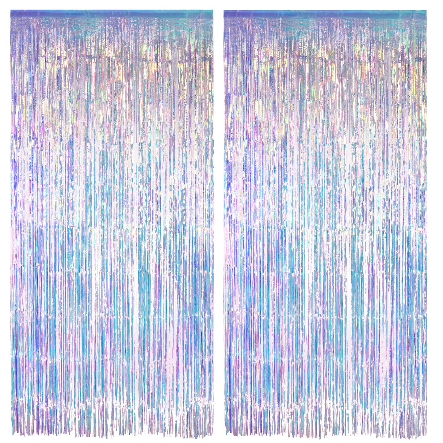 Iridescent Party Streamers Backdrop - GREATRIL Neon Transparent Holographic Tinsel Foil Fringe Curtain for Mermaid/Frozen/Sea/Euphoria/ERAS Party Theme Decorations 3.2ft x 6.5ft 2 PCS