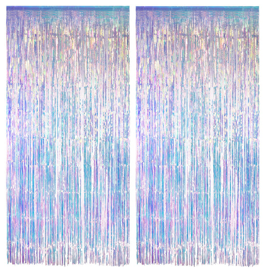 Iridescent Party Streamers Backdrop - GREATRIL Neon Transparent Holographic Tinsel Foil Fringe Curtain for Mermaid/Frozen/Sea/Euphoria/ERAS Party Theme Decorations 3.2ft x 6.5ft 2 PCS