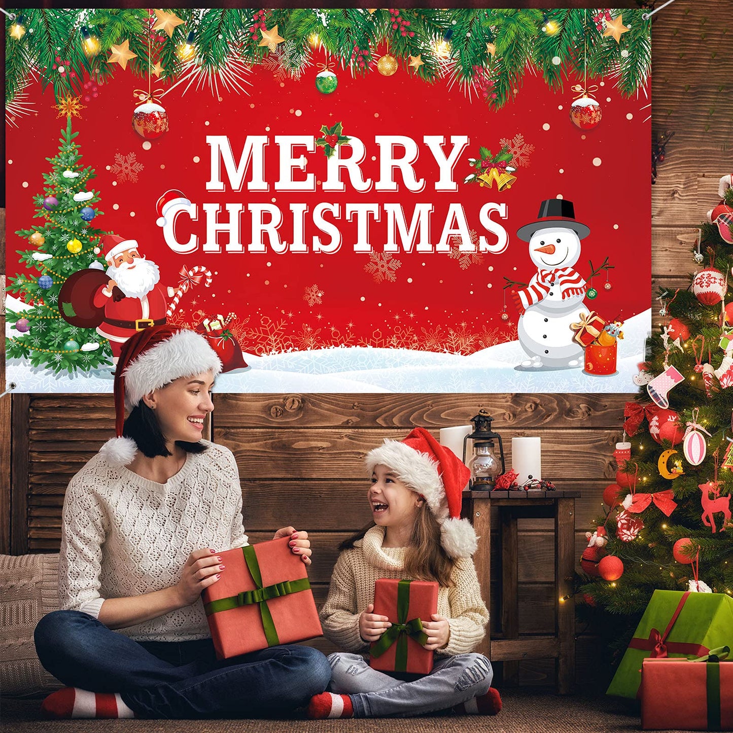 Merry Christmas Backdrop for Photography Banner Large Snow Wonderland Backdrop Winter Snowman Scene Xmas Santa Tree Background for Outdoor Indoor Christmas Decorations Party Gifts, 72.8 x 43.3 Inch