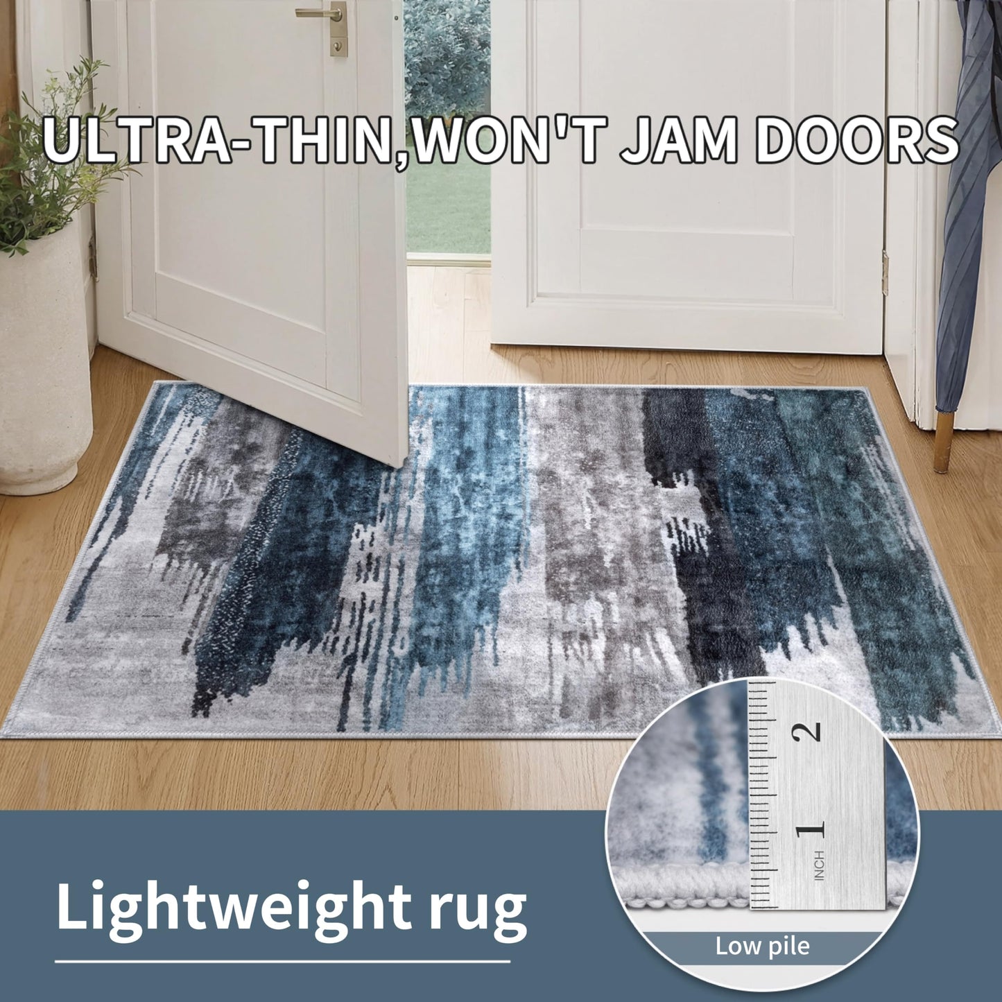 Ciicool 2x6 Washable Runner Rug, Modern Abstract Hallway Rugs Runner, Non-Slip Thin Accent Rug Lightweight Navy Grey Print Distressed Carpet for Laundry Entryway Bedroom Kitchen Bathroom Indoor