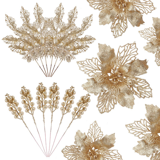 Alupssuc 24 PCS Christmas Tree Decorations, 12 PCS Poinsettia Flowers Artificial+6 PCS Glitter Holly Berry Stems+6 Berry Leaves Christmas Tree Picks for Party Wreath Fireplace, Champagne Gold
