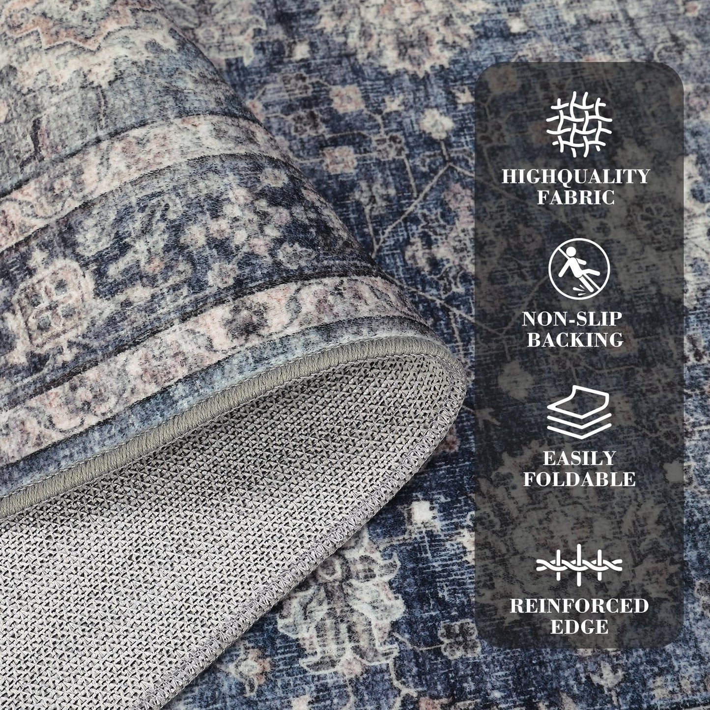 GarveeHome Washable Area Rugs 5x7 Vintage Printed Accent with Non-Slip Backing, Stain-Resistant Oriental Throw Rugs, Farmhouse Low Pile Rugs for Bedroom, Living Room, Blue