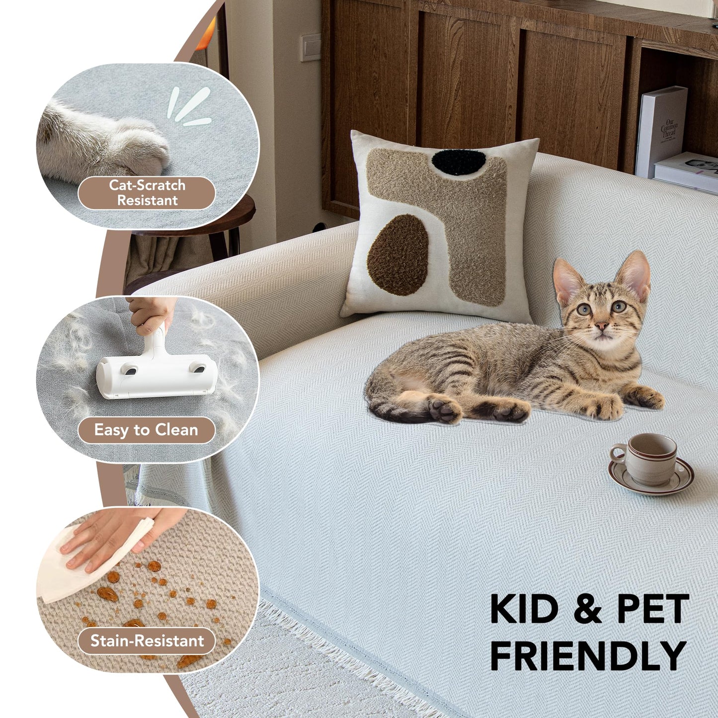 KaviKon Couch Covers for Dogs 3 Cushion, Loveseat Slipcovers Washable, Pet L Shape Sectional Protector, Boho Sofa Blanket Cover, Herringbone Chenille, Cream, 71"x118"