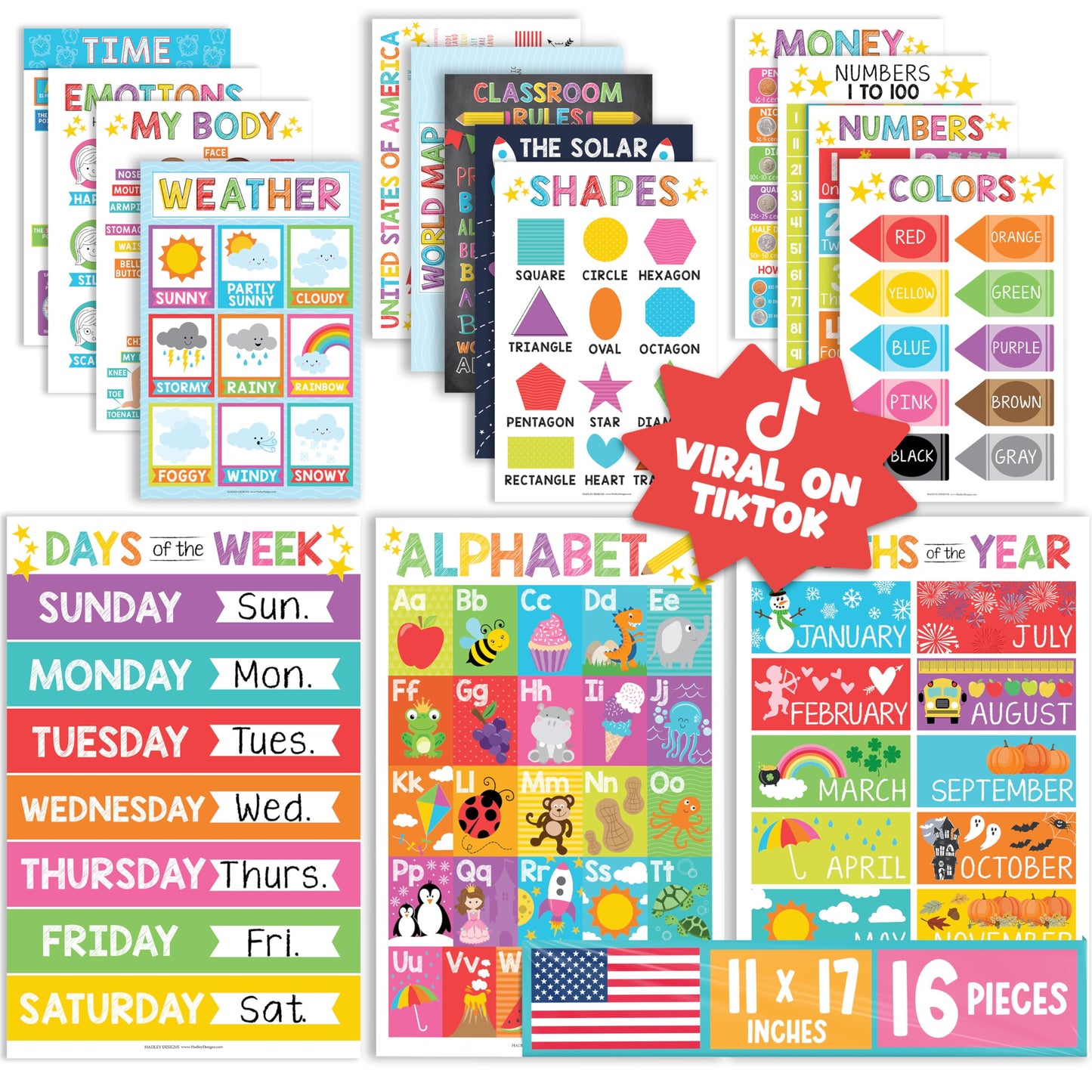 Hadley Designs 16 Educational Posters for Toddler Learning Activities - Alphabet Daycare Essentials, Laminated Pre-K Posters for Toddlers 1-3, Preschool Learning Activities, Rainbow Classroom Decor