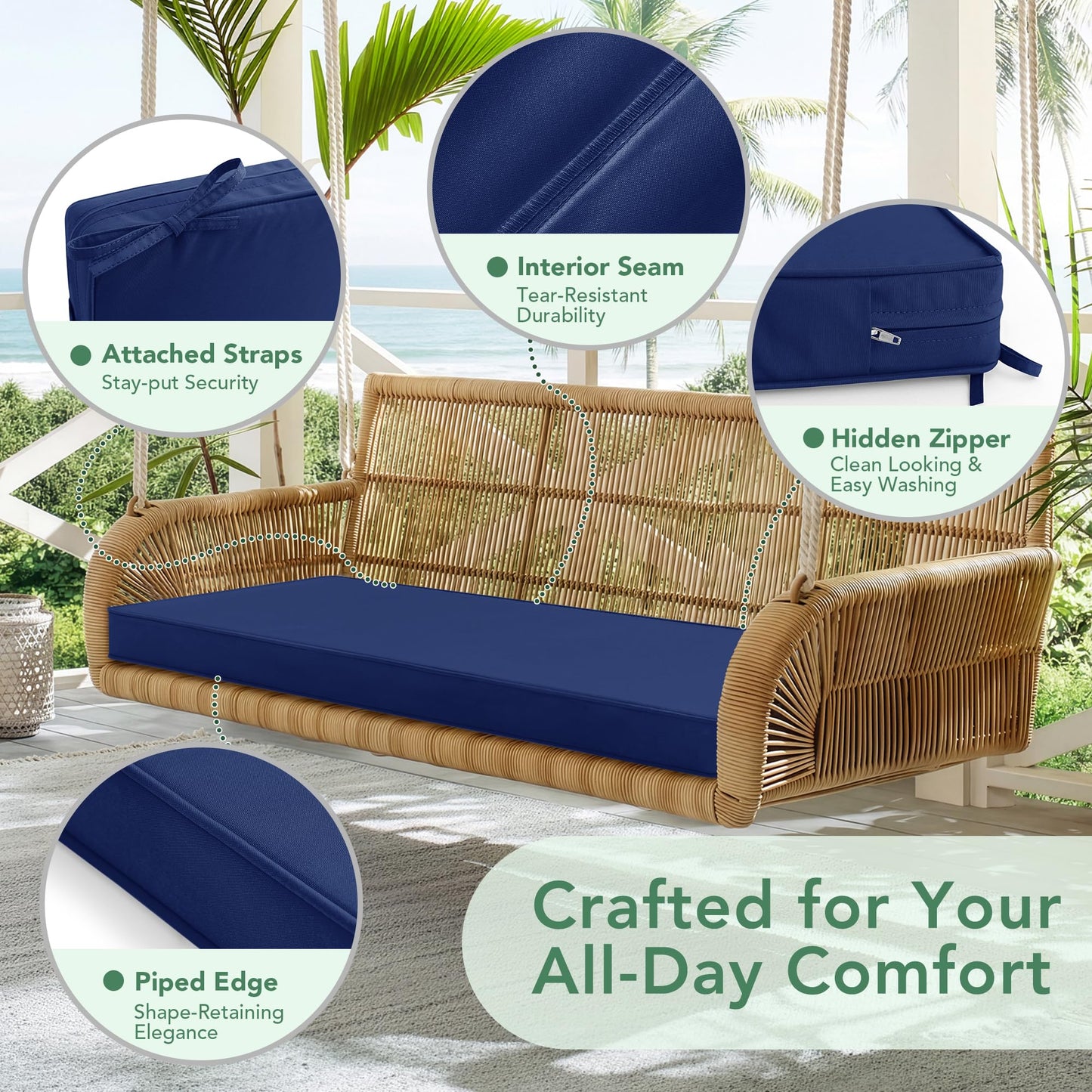 Summsun Outdoor Bench Cushion: Waterproof and Fade Resistant Patio Furniture Cushions - Non-Slip Bench Pad Cushion with Removable Cover for Garden Swing Porch Sofa Settee, 48 x 18 x 3 Inch, Navy Blue