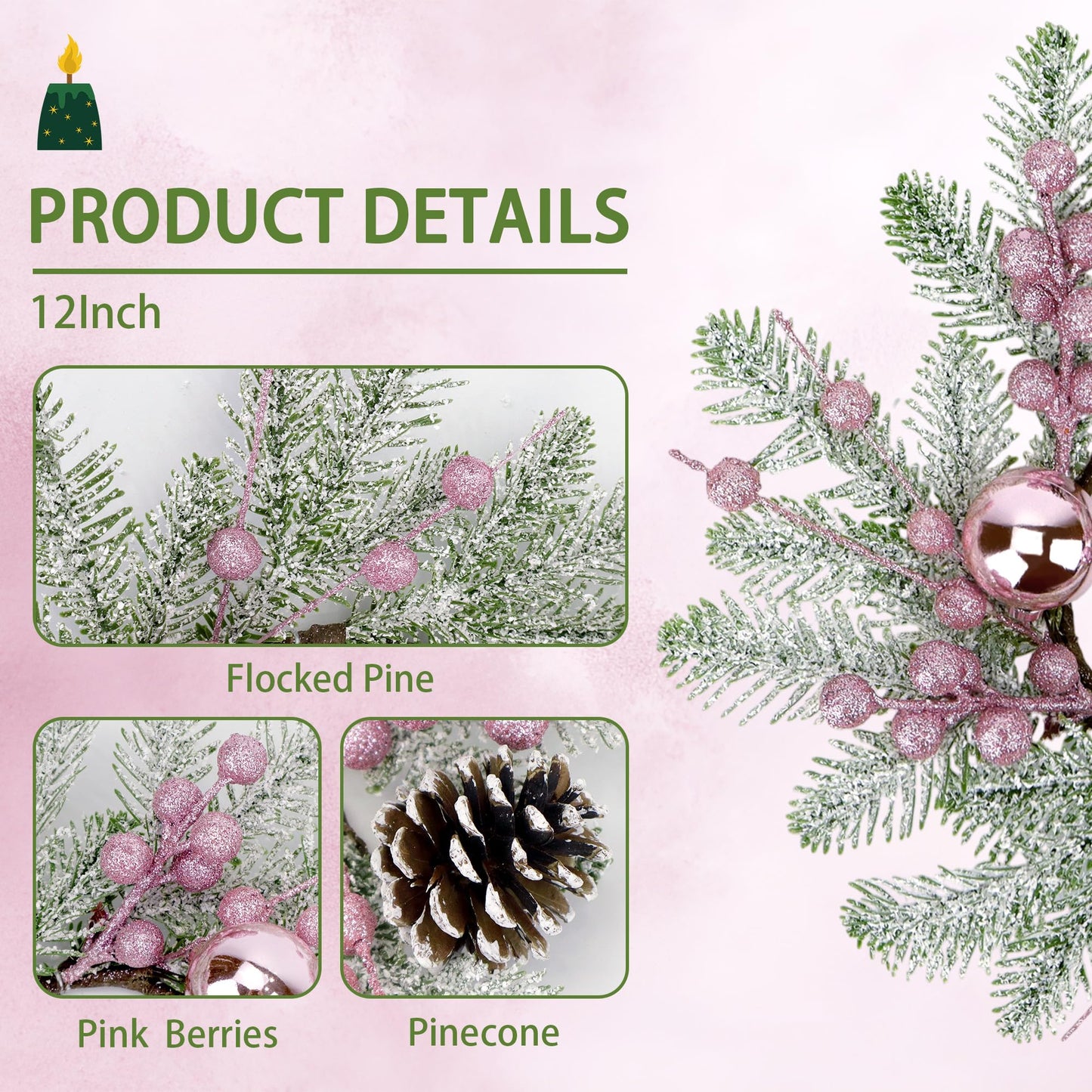 Christmas Candle Rings Wreaths,8" Small Wreaths for Kitchen Cabinet with Balls,Pine Cones,Pine Needles and Berries for Home Christmas Table Centerpiece Decorations (4, Pink)