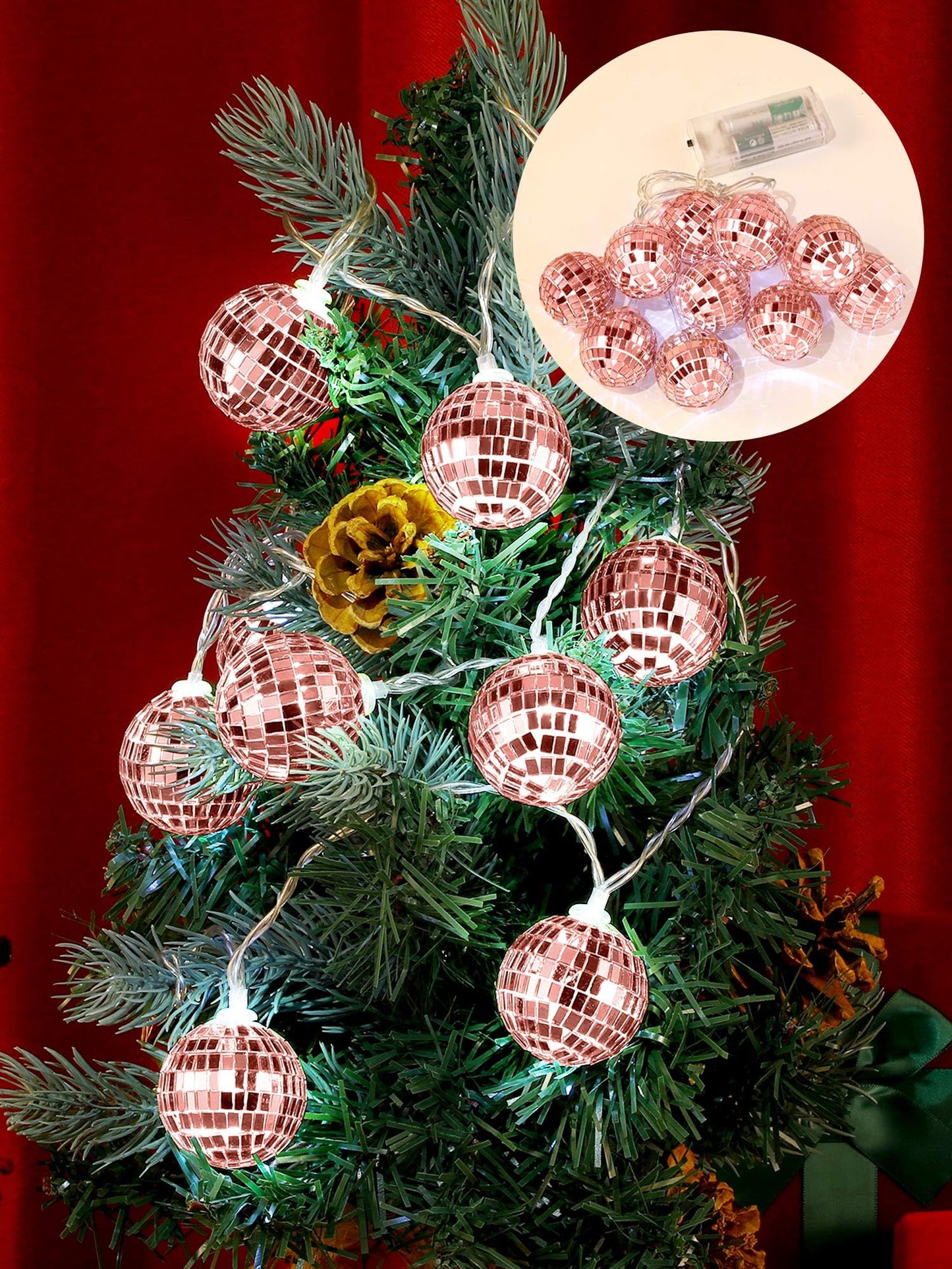 BBTO LED Disco Ball String Light Battery Powered Mirror Balls Ornaments for Outside Backyard Porch 70s 80s Disco Party Supplies(1.57 Inch,Rose Gold)