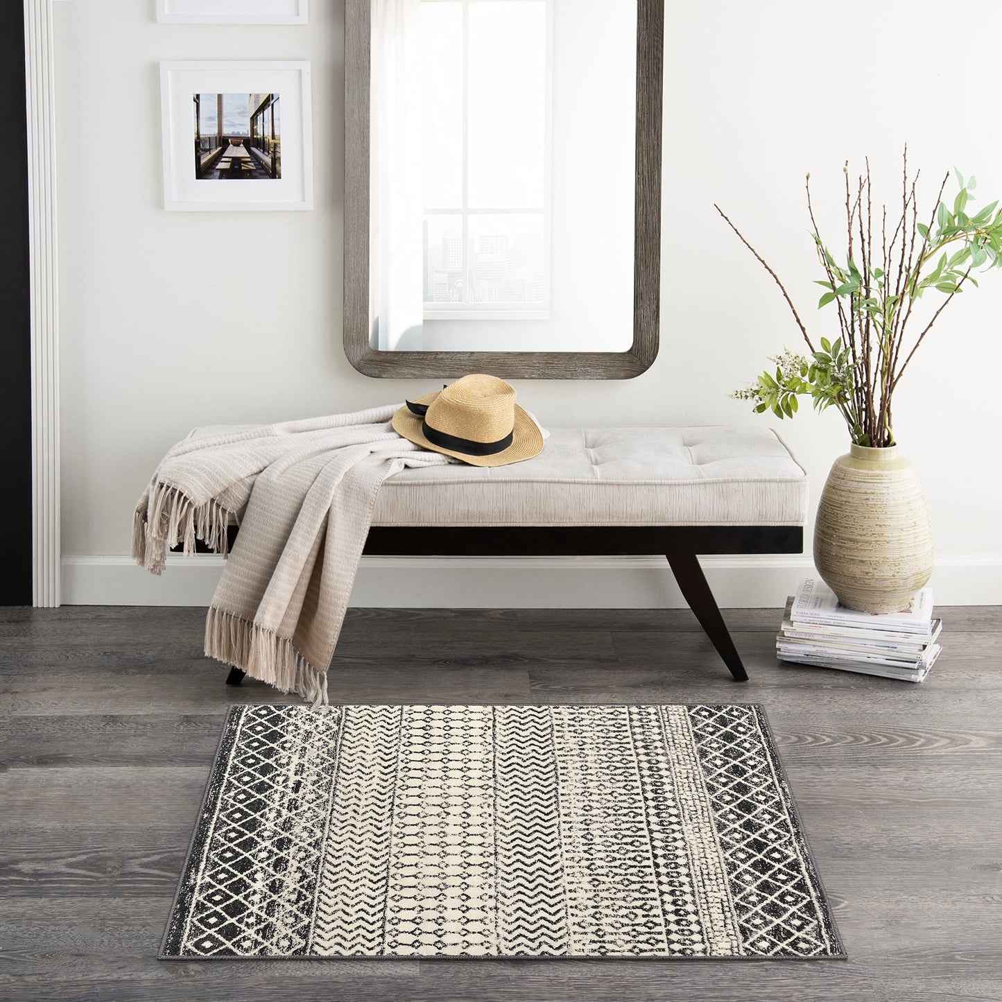 Nailttos Moroccan Area Rug, 2x3 Black Distressed Entryway Rug Non-Slip Small Rug, Soft Low-Pile Washable Indoor Door Mat Floor Carpet for Entrance Bedroom Kitchen Bathroom