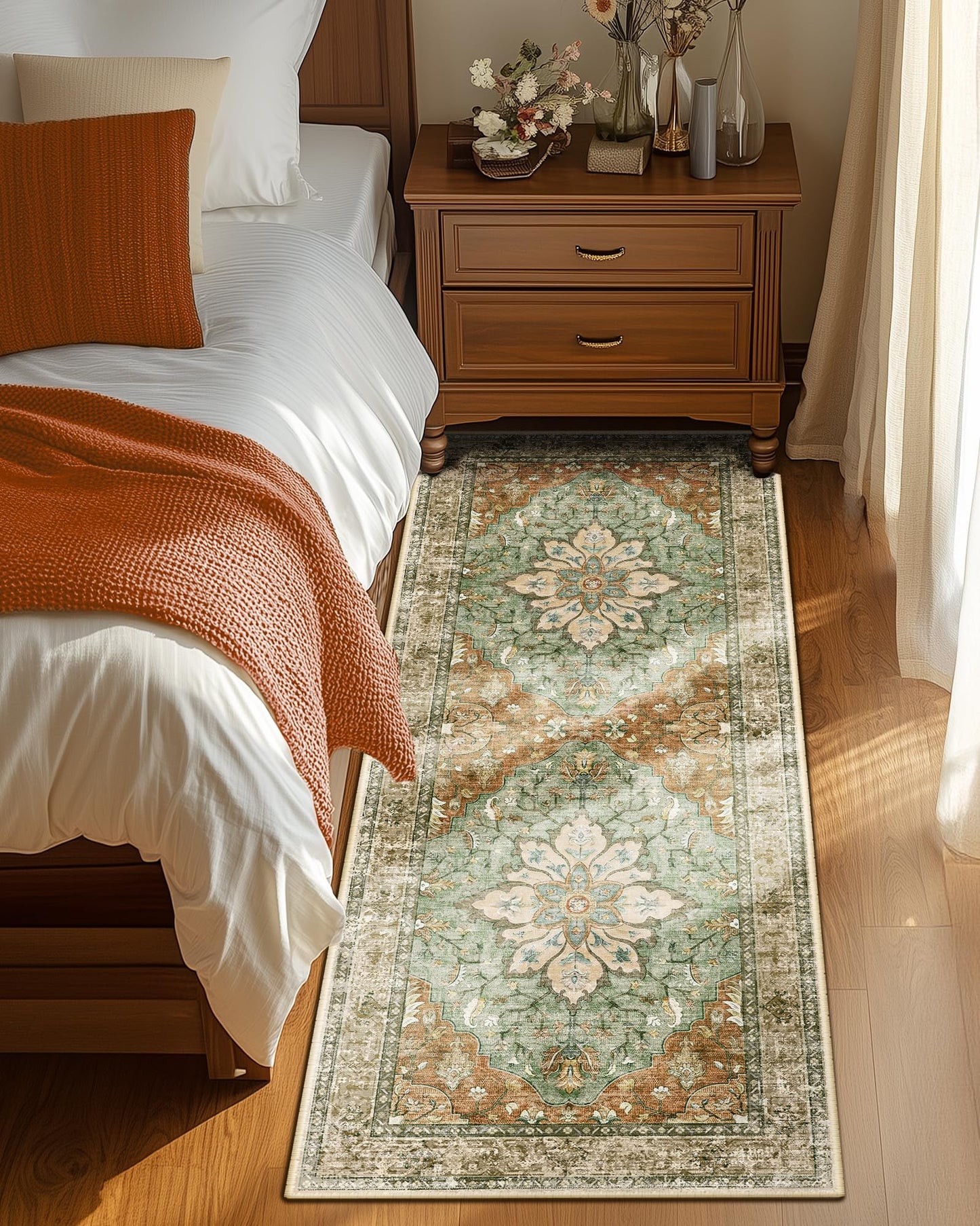 RELEANY Area Rugs 2'x6' Runner Rug Non Slip Washable for Kitchen Hallway Bedroom Beside Laundry Room Bathroom Rug, Floor Carpet, Brick Red Rust Neutral Brown Burnt Orange Green
