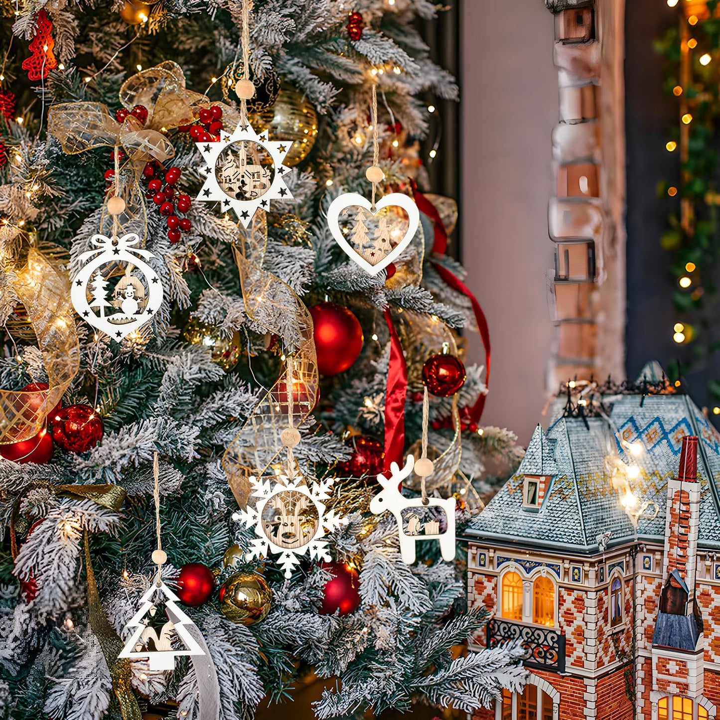 Christmas Tree Ornaments of Winter Wonderland, 24 Pack Christmas Wooden Hanging Craft Ornaments for 3D Rustic Farmhouse Christmas Decorations Gifts Home Party New Year Holiday Tree Decorations