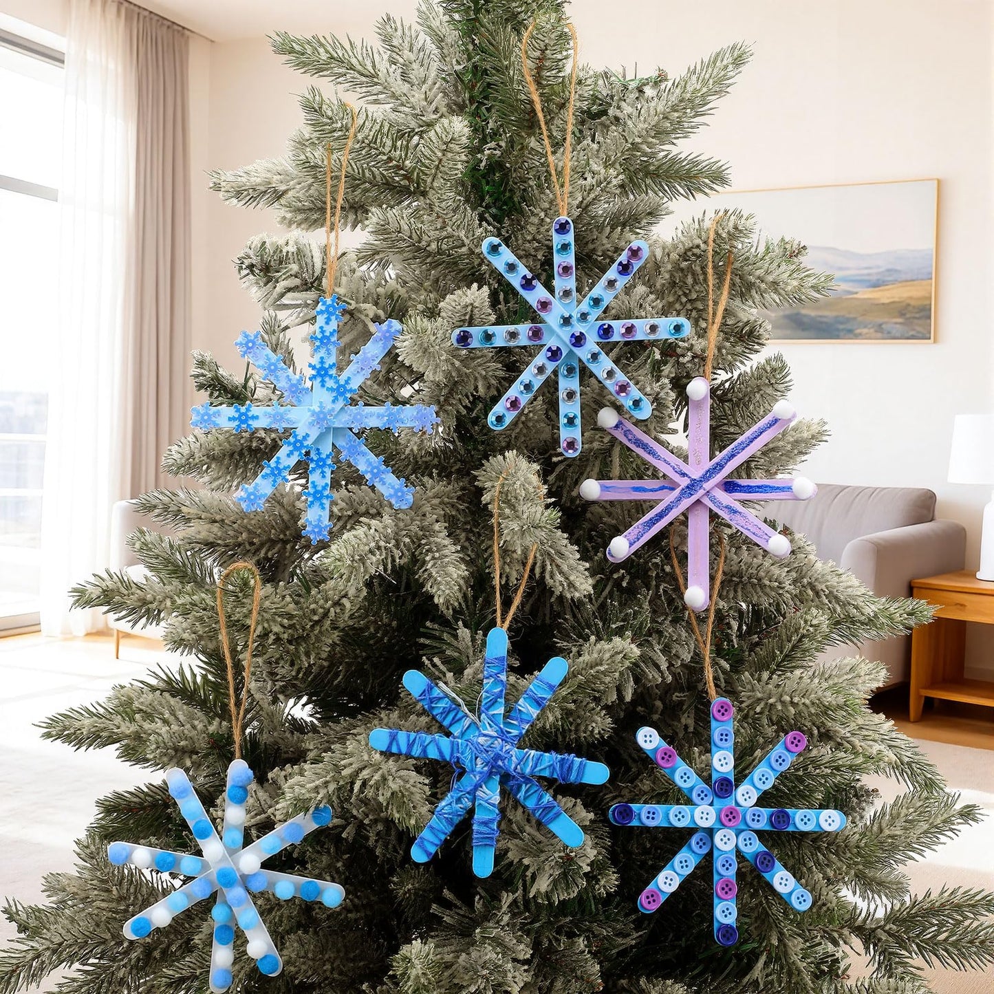 Jetec 25 Set Christmas Snowflake Craft Kit for Kids 6 Styles Christmas Ornament Make Your Own Snowflake with Pom Poms, Glitter Pens, Sequins, Diamond Sticker, Buttons, Cotton Thread for Xmas Tree