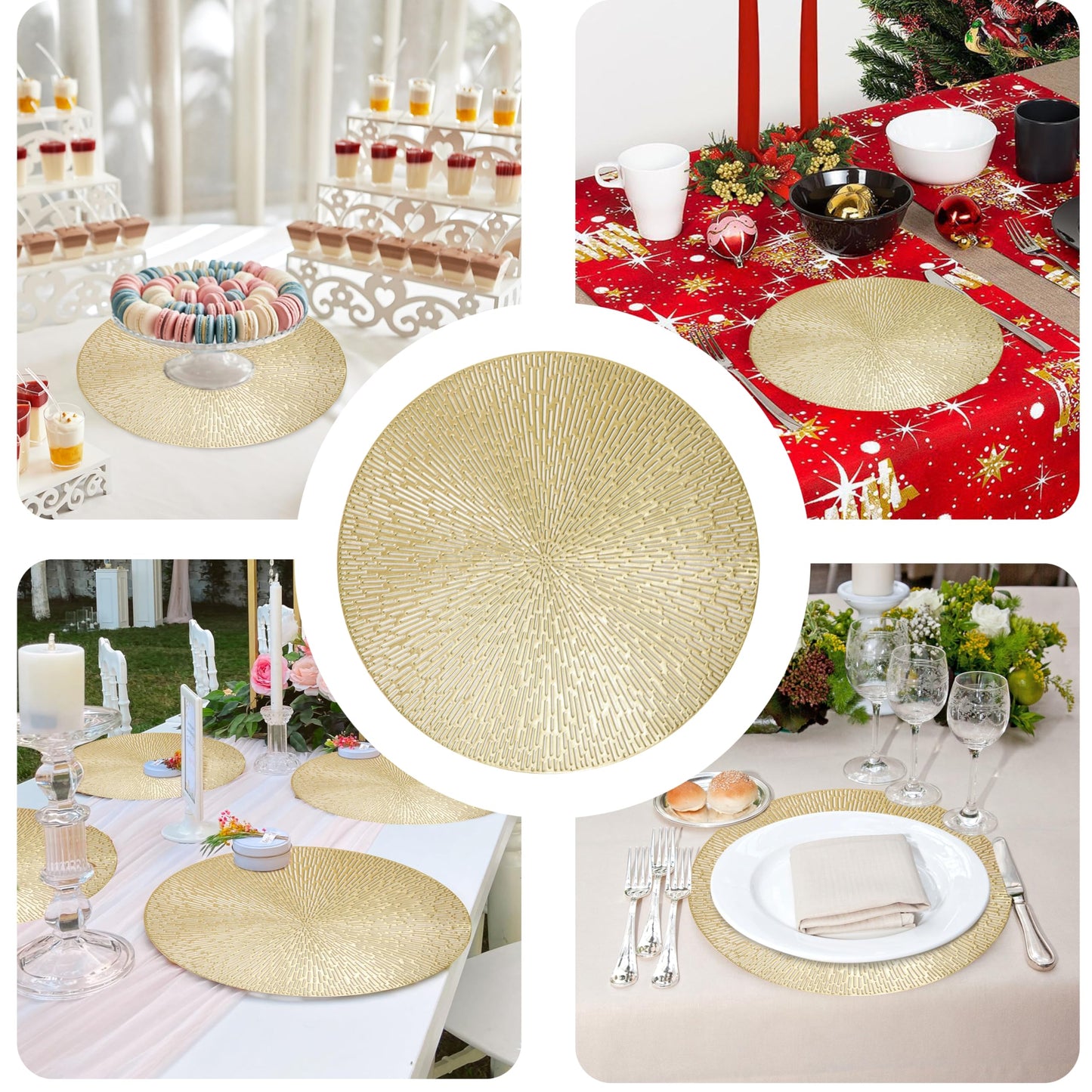 Round Placemats Gold Metallic Set of 6 Vinyl Hollow Placemats 15 Inch, Washable Easy Clean Wipeable Non Slip Stain Heat Resistant Dining Table Place Mats for Wedding Party Decoration by Snowkingdom
