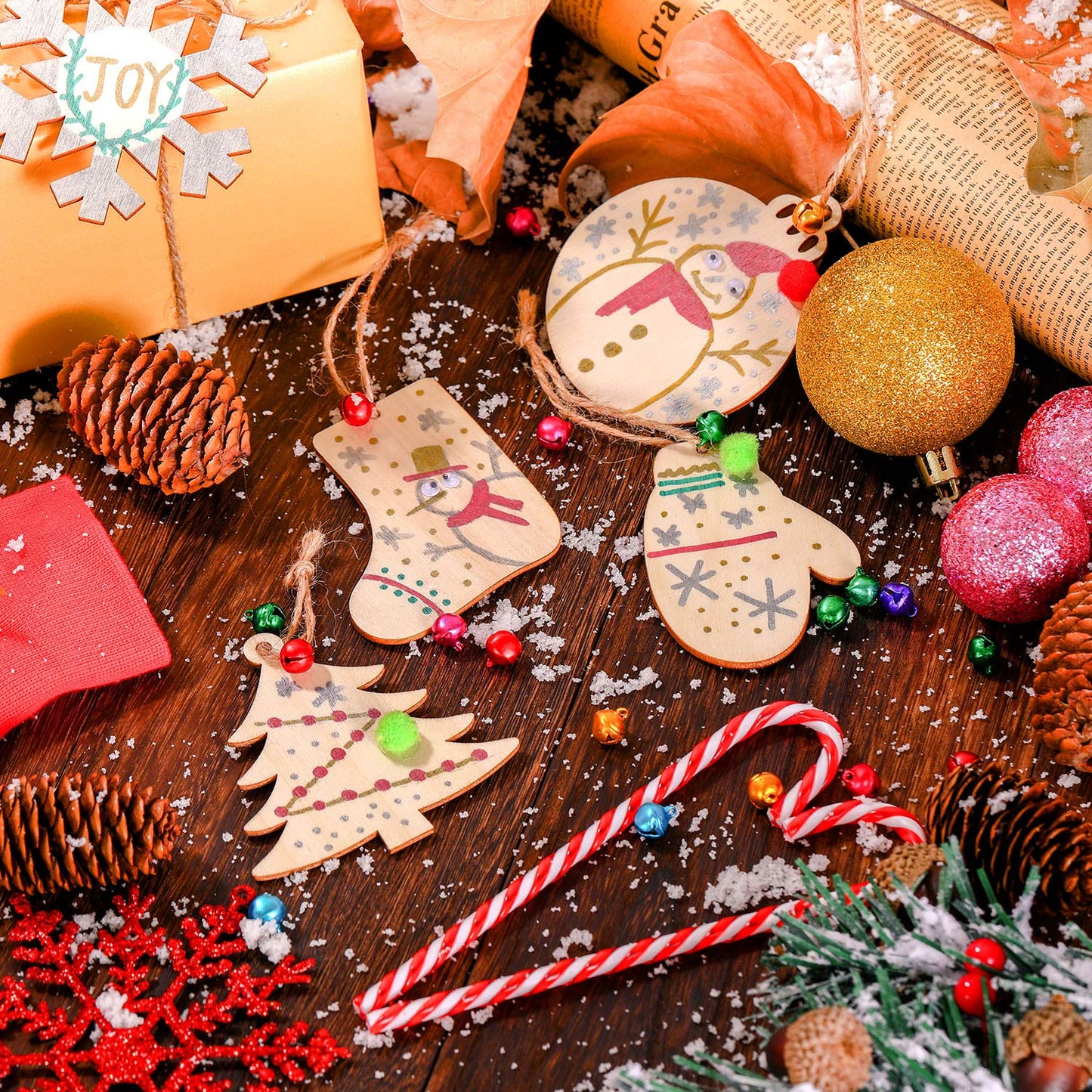 Boao 254 Pcs Christmas Wooden Ornaments 50 Pcs Unfinished DIY Crafts Slices Wood Christmas Tree Hanging Decoration with Bells Pom Poms Wiggle Eyes Marking Pens for DIY Xmas Decor