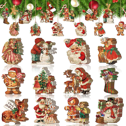 Huwena 36 Pcs Vintage Christmas Ornaments Wooden Christmas Tree Ornaments Wood Cutouts Rustic Farmhouse Tree Decorations for Home Xmas Winter Party (Angel,Classic Color)