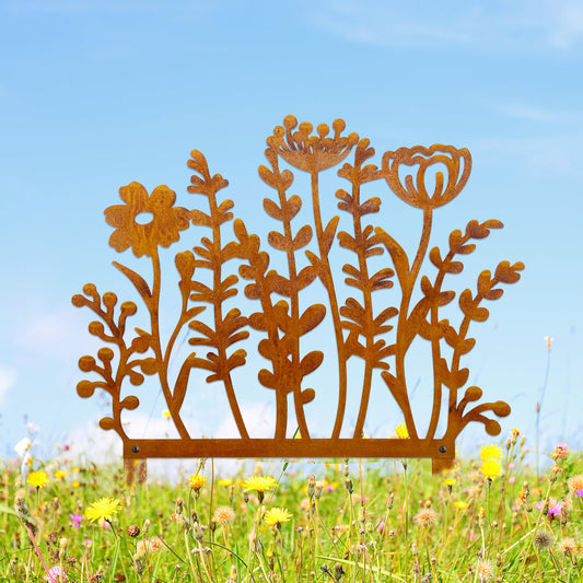 Metal Wild Flowers Stakes 14.4 * 14.0 inches, Metal Flowers Yard Art, Decorative Garden Stakes, Fence Topper Decor, Lawn Art Decor Plants Yard Decorations for Outdoor with Rusty Paint Process
