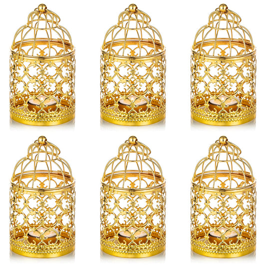 6 Pcs Small Metal Tealight Hanging Birdcage Lantern, Vintage Decorative Centerpieces of Wedding, Party, Gold